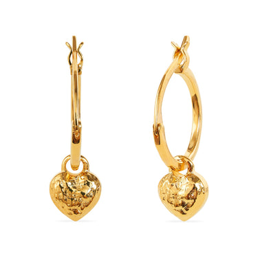 MOLTEN HEART CHARM HUGGIE HOOP EARRINGS IN GOLD VERMEIL - EARRINGS from STELLAR 79 - Shop now at stellar79.com 